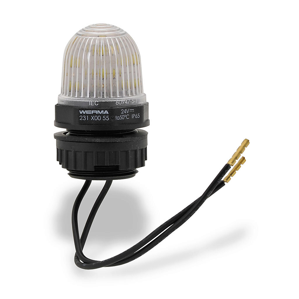 23140055 - WERMA LED industrial signal beacon, 29mm, clear/white, permanent, IP65, 22.5mm panel mount, 24 VDC.