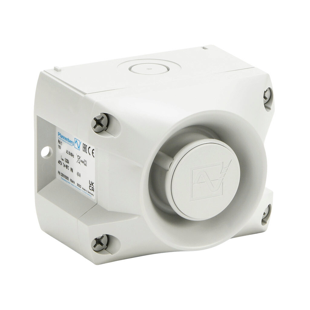 23310150055 - Pfannenberg PATROL series audible signal horn, 105 dB at 1m, 150 Hz to 2.9 kHz tone frequency, (80) selectable tone(s), 115 VAC, surface mount, ABS/polycarbonate housing, gray, IP66, NEMA 4/4X.