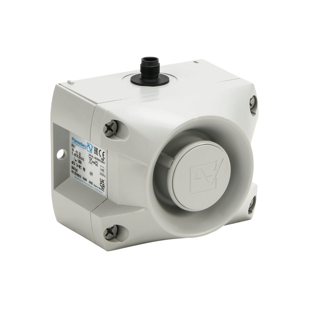 23310630101 - Pfannenberg PATROL series audible signal horn, 105 dB at 1m, 150 Hz to 2.9 kHz tone frequency, (80) selectable tone(s), 10-57 VDC, surface mount, ABS/polycarbonate housing, gray, IP66, NEMA 4/4X. Requires 4-pin female M12 cable.