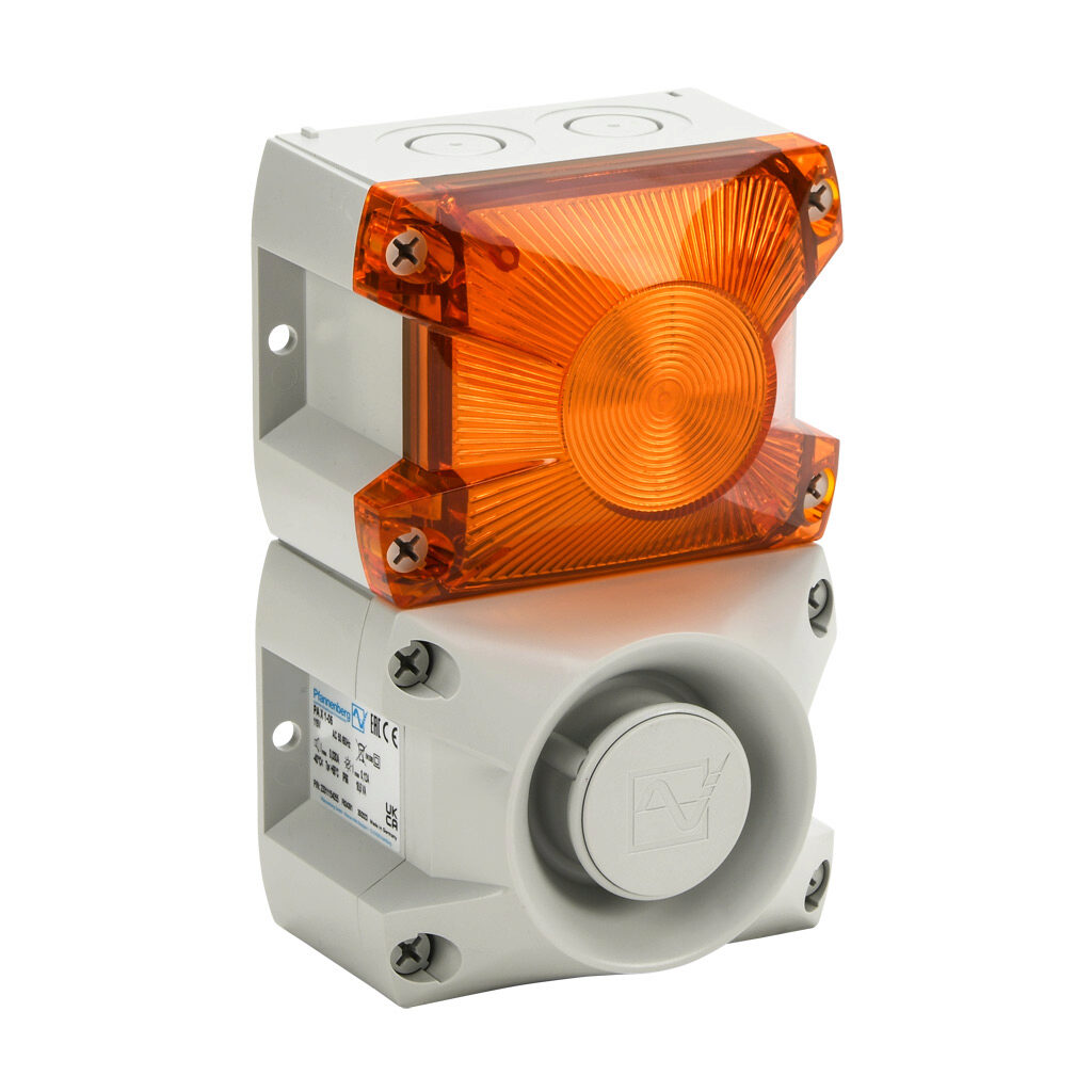 23311154055 - Pfannenberg PATROL series Xenon tube audible-visual signal beacon, 105 dB at 1m, (80) selectable tone(s), flashing strobe (1 Hz flash frequency), amber, 109 x 81 x 172mm, 115 VAC, IP66, NEMA 4/4X.