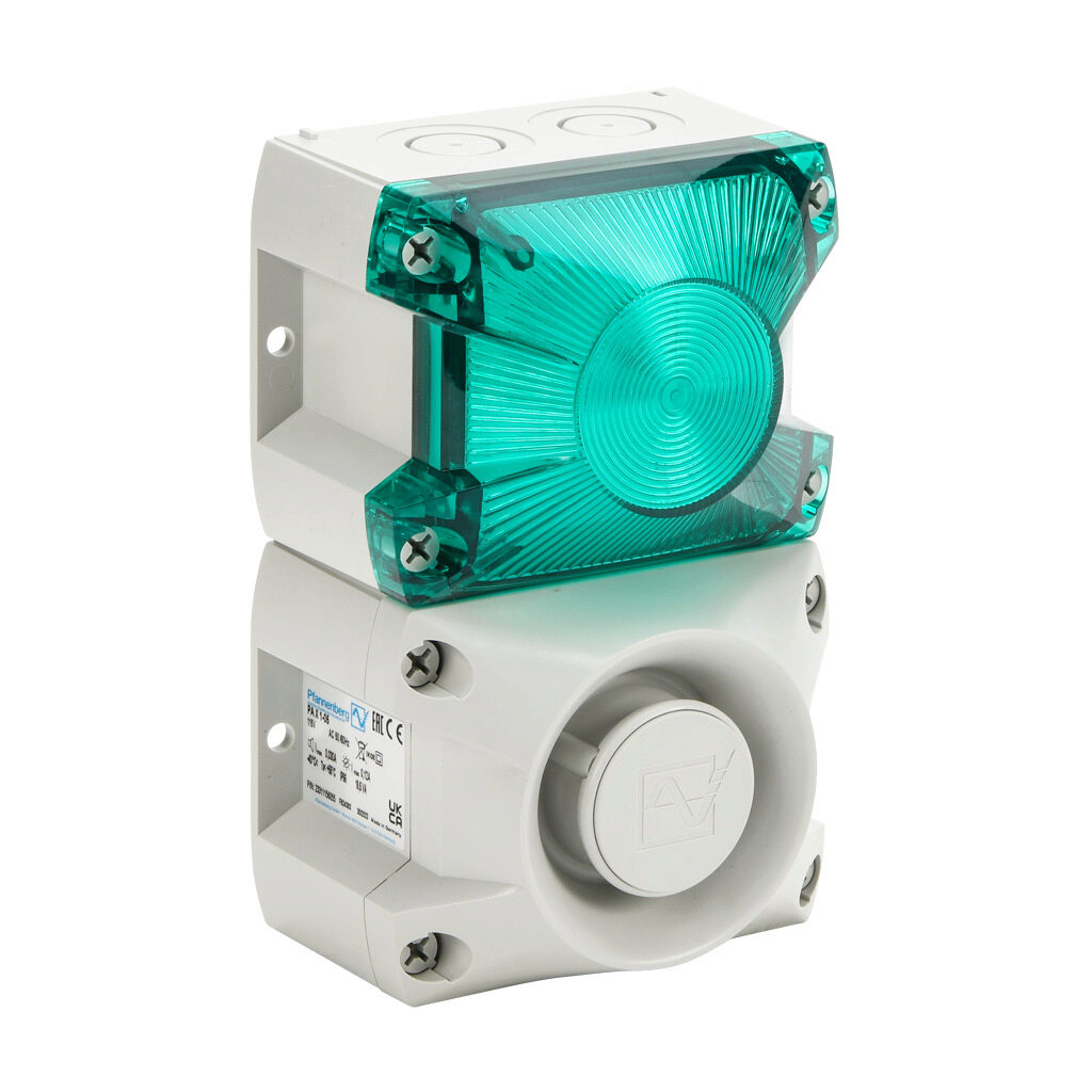 23311156055 - Pfannenberg PATROL series Xenon tube audible-visual signal beacon, 105 dB at 1m, (80) selectable tone(s), flashing strobe (1 Hz flash frequency), green, 109 x 81 x 172mm, 115 VAC, IP66, NEMA 4/4X.