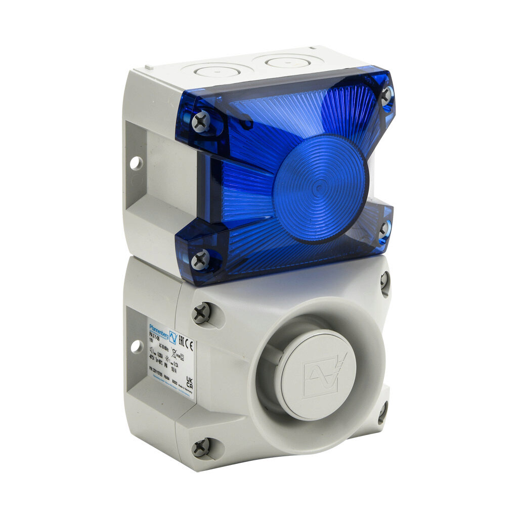 23311157055 - Pfannenberg PATROL series Xenon tube audible-visual signal beacon, 105 dB at 1m, (80) selectable tone(s), flashing strobe (1 Hz flash frequency), blue, 109 x 81 x 172mm, 115 VAC, IP66, NEMA 4/4X.