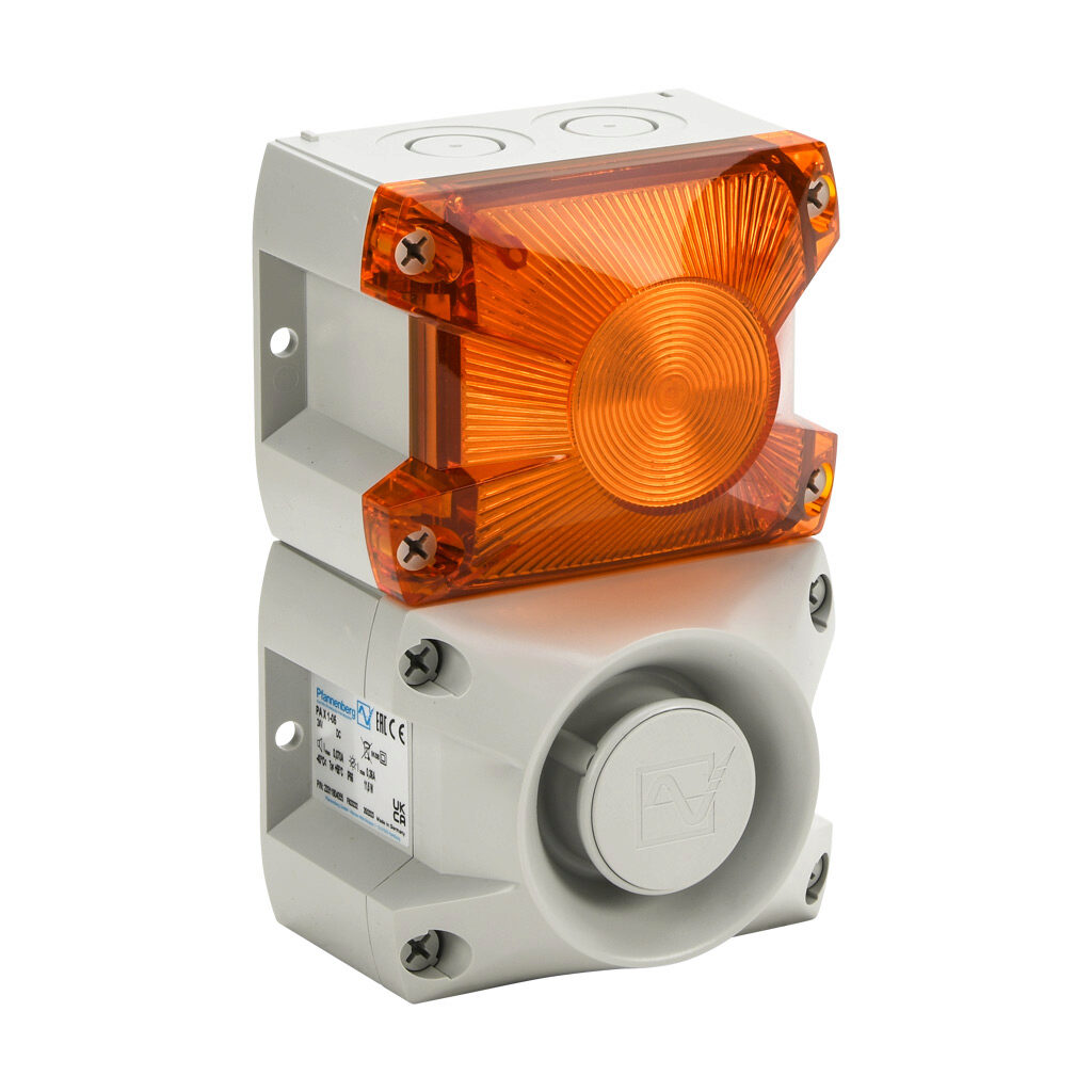 23311804055 - Pfannenberg PATROL series Xenon tube audible-visual signal beacon, 105 dB at 1m, (80) selectable tone(s), flashing strobe (1 Hz flash frequency), amber, 109 x 81 x 172mm, 24 VDC, IP66, NEMA 4/4X.