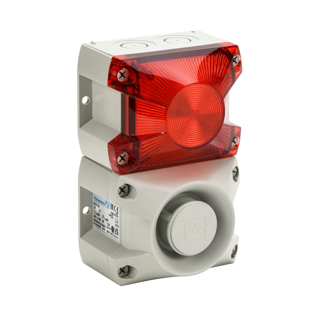 23311805055 - Pfannenberg PATROL series Xenon tube audible-visual signal beacon, 105 dB at 1m, (80) selectable tone(s), flashing strobe (1 Hz flash frequency), red, 109 x 81 x 172mm, 24 VDC, IP66, NEMA 4/4X.