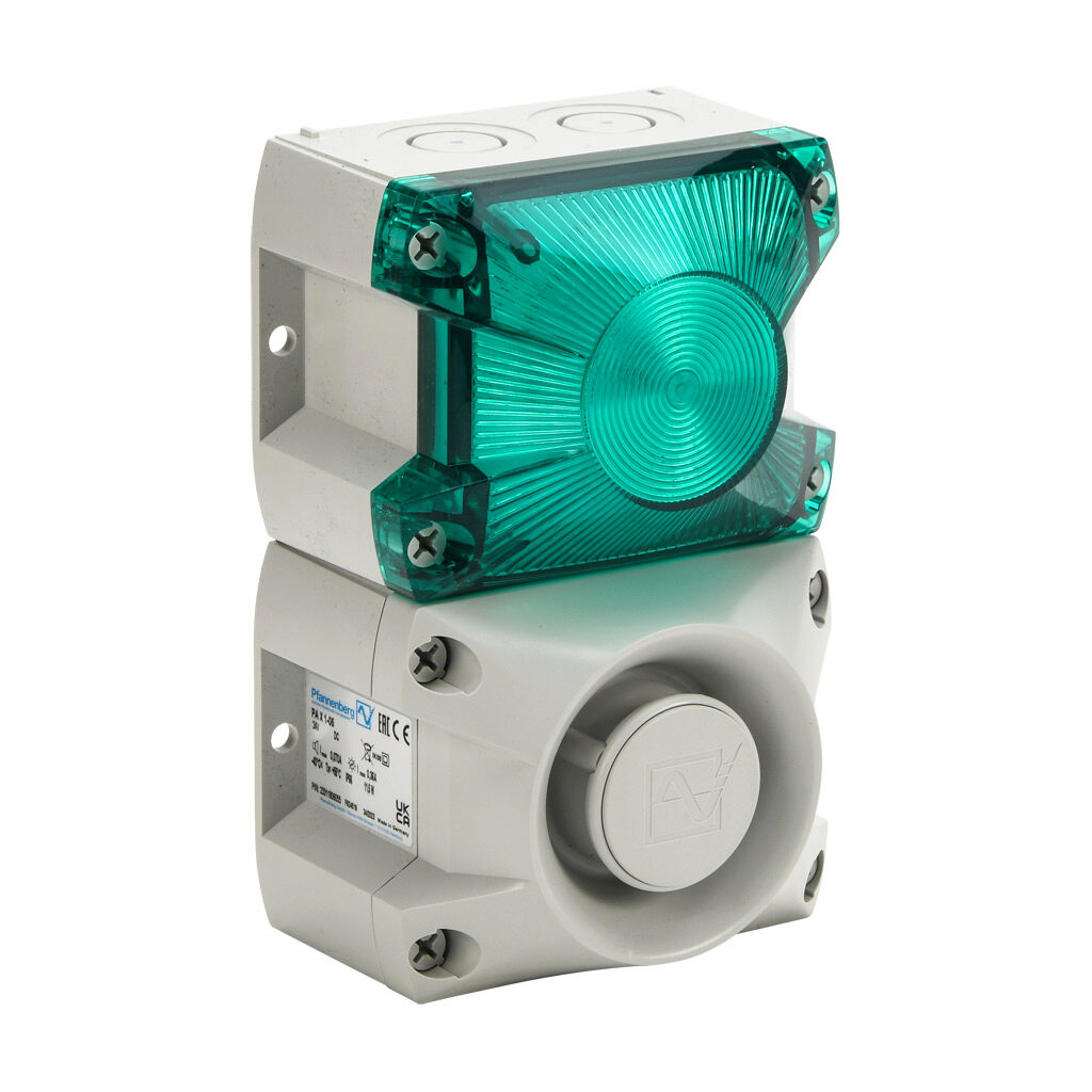 23311806055 - Pfannenberg PATROL series Xenon tube audible-visual signal beacon, 105 dB at 1m, (80) selectable tone(s), flashing strobe (1 Hz flash frequency), green, 109 x 81 x 172mm, 24 VDC, IP66, NEMA 4/4X.