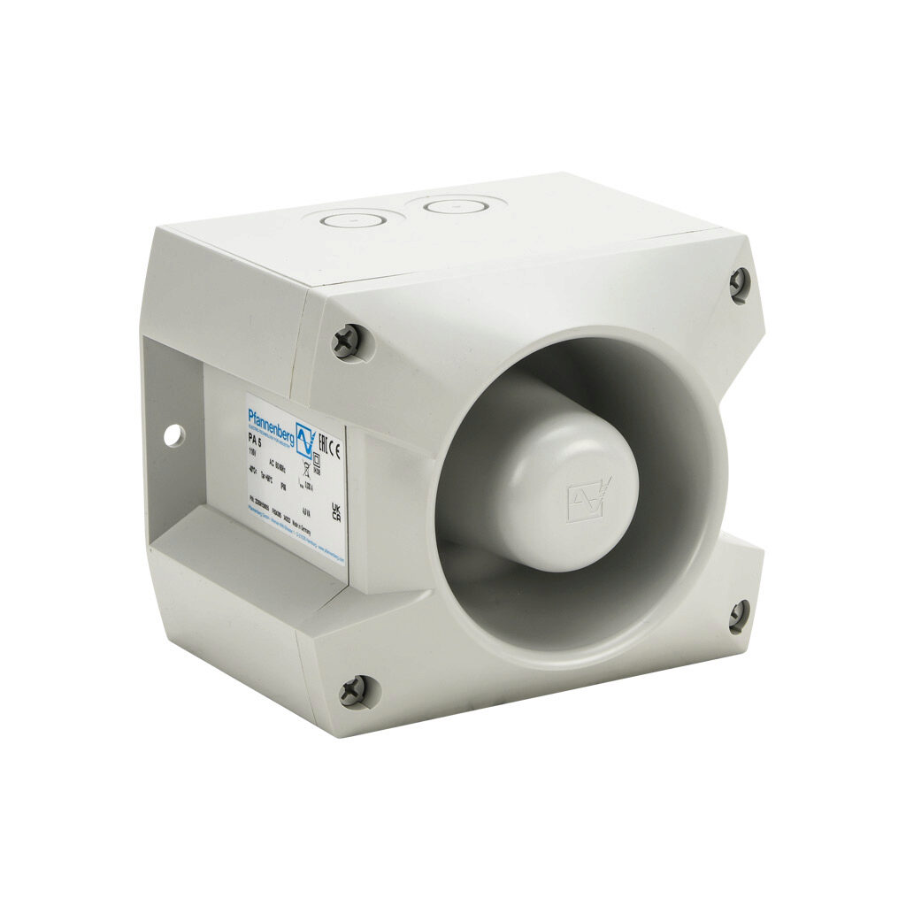 23350150055 - Pfannenberg PATROL series audible signal horn, 107 dB at 1m, 150 Hz to 2.9 kHz tone frequency, (80) selectable tone(s), 115 VAC, surface mount, ABS/polycarbonate housing, gray, IP66, NEMA 4/4X.