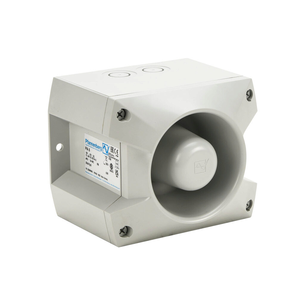 23350630055 - Pfannenberg PATROL series audible signal horn, 107 dB at 1m, 150 Hz to 2.9 kHz tone frequency, (80) selectable tone(s), 10-57 VDC, surface mount, ABS/polycarbonate housing, gray, IP66, NEMA 4/4X.