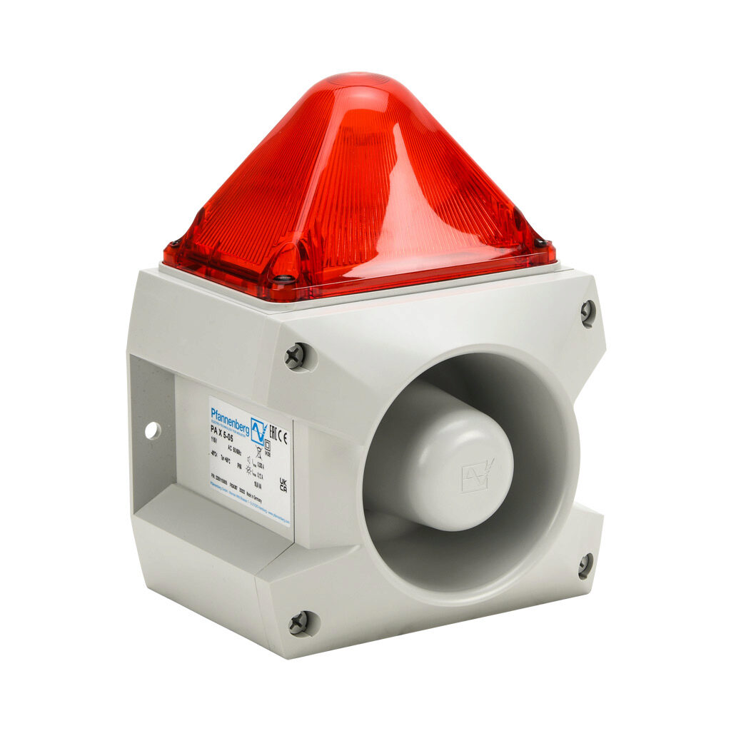 23351155055 - Pfannenberg PATROL series Xenon tube audible-visual signal beacon, 107 dB at 1m, (80) selectable tone(s), flashing strobe (1 Hz flash frequency), red, 163 x 132 x 215mm, 115 VAC, IP66, NEMA 4/4X.