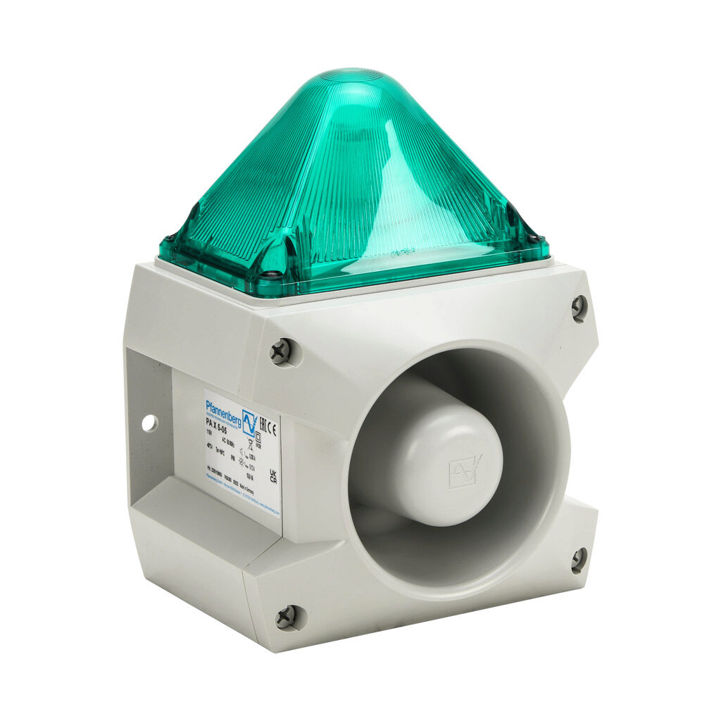 23351156055 - Pfannenberg PATROL series Xenon tube audible-visual signal beacon, 107 dB at 1m, (80) selectable tone(s), flashing strobe (1 Hz flash frequency), green, 163 x 132 x 215mm, 115 VAC, IP66, NEMA 4/4X.