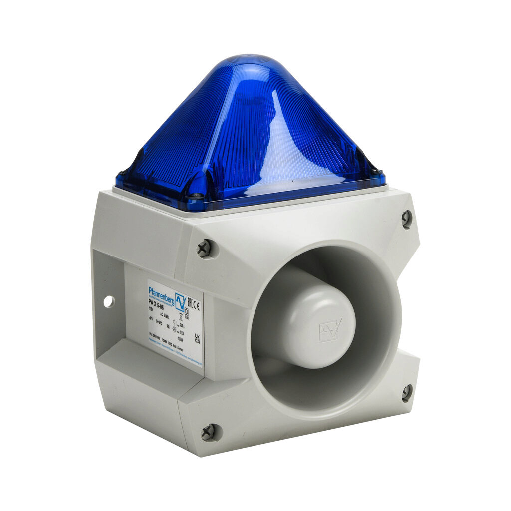 23351157055 - Pfannenberg PATROL series Xenon tube audible-visual signal beacon, 107 dB at 1m, (80) selectable tone(s), flashing strobe (1 Hz flash frequency), blue, 163 x 132 x 215mm, 115 VAC, IP66, NEMA 4/4X.