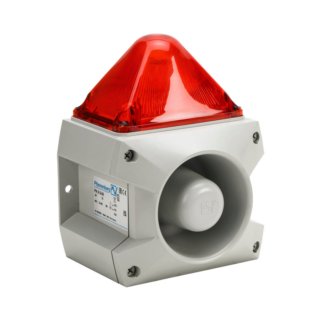 23351805055 - Pfannenberg PATROL series Xenon tube audible-visual signal beacon, 107 dB at 1m, (80) selectable tone(s), flashing strobe (1 Hz flash frequency), red, 163 x 132 x 215mm, 24 VDC, IP66, NEMA 4/4X.