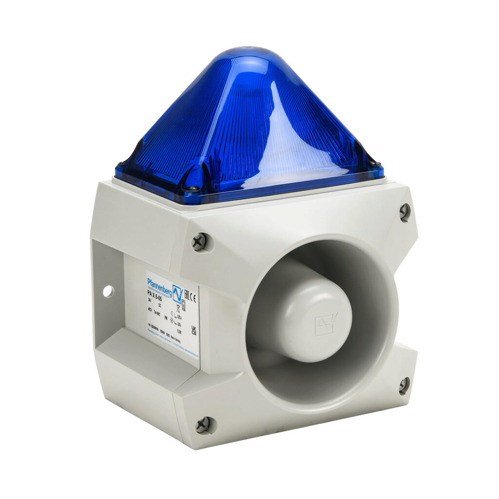 23351807055 - Pfannenberg PATROL series Xenon tube audible-visual signal beacon, 107 dB at 1m, (80) selectable tone(s), flashing strobe (1 Hz flash frequency), blue, 163 x 132 x 215mm, 24 VDC, IP66, NEMA 4/4X.