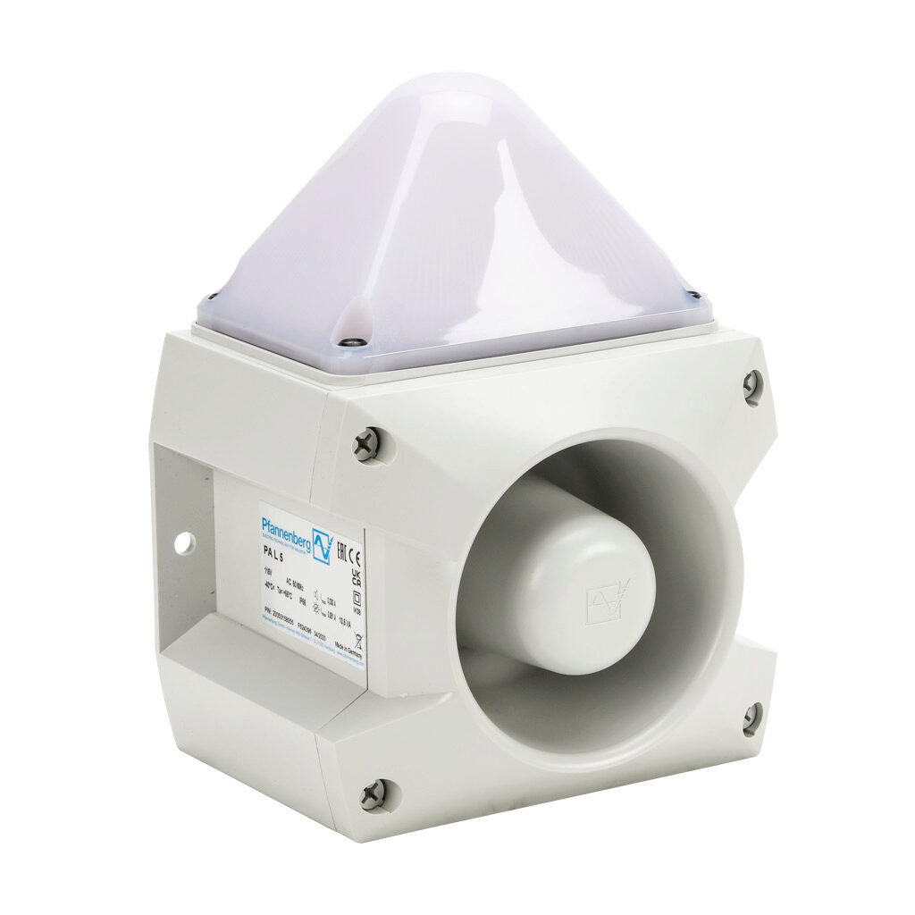 23353158055 - Pfannenberg PATROL series LED audible-visual signal beacon, 107 dB at 1m, (80) selectable tone(s), selectable permanent, blinking or flashing, red/yellow/green/blue, 163 x 132 x 215mm, 115 VAC, IP66, NEMA 4/4X.