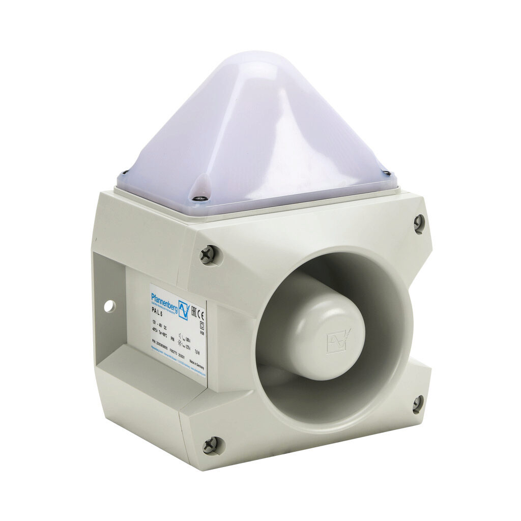 23353638055 - Pfannenberg PATROL series LED audible-visual signal beacon, 107 dB at 1m, (80) selectable tone(s), selectable permanent, blinking or flashing, red/yellow/green/blue, 163 x 132 x 215mm, 12-48 VDC, IP66, NEMA 4/4X.