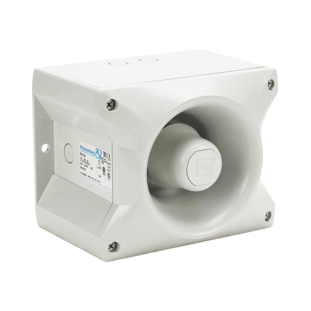 23360630055 - Pfannenberg PATROL series audible signal horn, 117 dB at 1m, 150 Hz to 2.9 kHz tone frequency, (80) selectable tone(s), 10-60 VDC, surface mount, ABS/polycarbonate housing, gray, IP66, NEMA 4/4X.