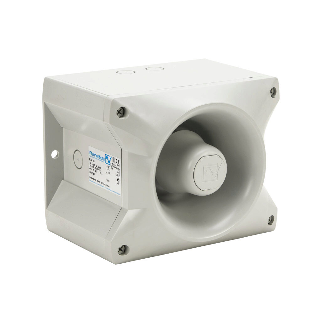 23360640055 - Pfannenberg PATROL series audible signal horn, 117 dB at 1m, 150 Hz to 2.9 kHz tone frequency, (80) selectable tone(s), 95-265 VAC, surface mount, ABS/polycarbonate housing, gray, IP66, NEMA 4/4X.
