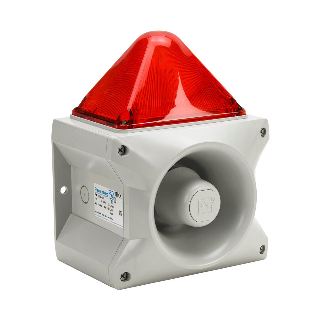 23361155055 - Pfannenberg PATROL series Xenon tube audible-visual signal beacon, 117 dB at 1m, (80) selectable tone(s), flashing strobe (1 Hz flash frequency), red, 214 x 156 x 270mm, 115 VAC, IP66, NEMA 4/4X.