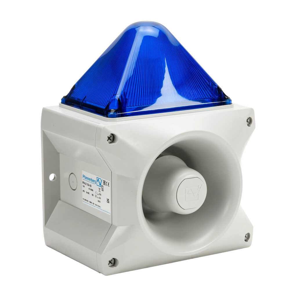 23361157055 - Pfannenberg PATROL series Xenon tube audible-visual signal beacon, 117 dB at 1m, (80) selectable tone(s), flashing strobe (1 Hz flash frequency), blue, 214 x 156 x 270mm, 115 VAC, IP66, NEMA 4/4X.