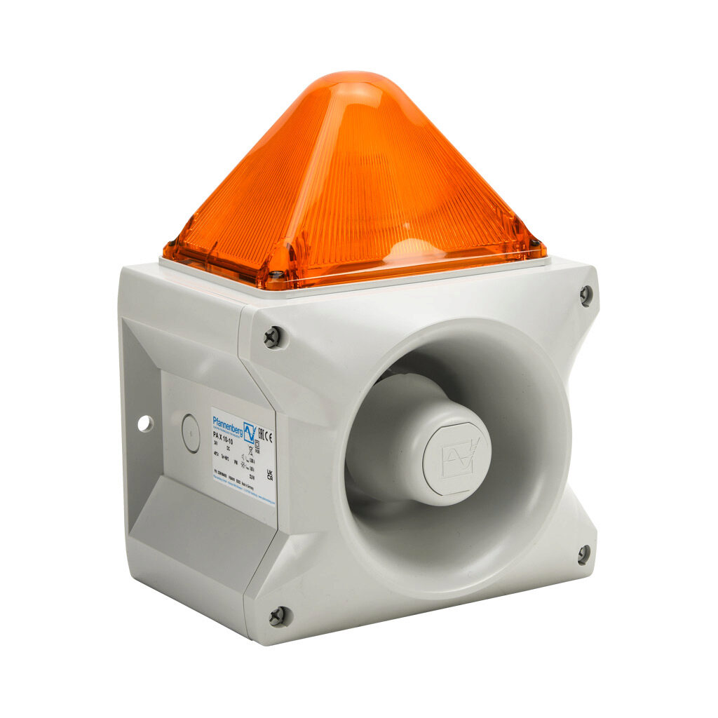 23361804055 - Pfannenberg PATROL series Xenon tube audible-visual signal beacon, 117 dB at 1m, (80) selectable tone(s), flashing strobe (1 Hz flash frequency), amber, 214 x 156 x 270mm, 24 VDC, IP66, NEMA 4/4X.