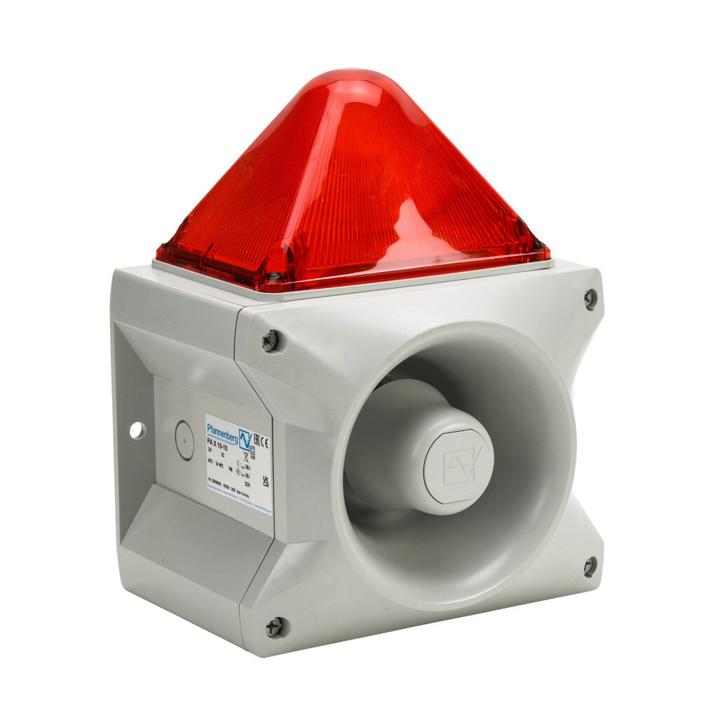 23361805055 - Pfannenberg PATROL series Xenon tube audible-visual signal beacon, 117 dB at 1m, (80) selectable tone(s), flashing strobe (1 Hz flash frequency), red, 214 x 156 x 270mm, 24 VDC, IP66, NEMA 4/4X.