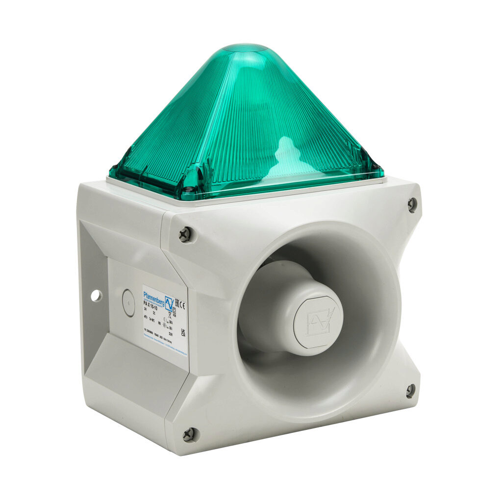 23361806055 - Pfannenberg PATROL series Xenon tube audible-visual signal beacon, 117 dB at 1m, (80) selectable tone(s), flashing strobe (1 Hz flash frequency), green, 214 x 156 x 270mm, 24 VDC, IP66, NEMA 4/4X.