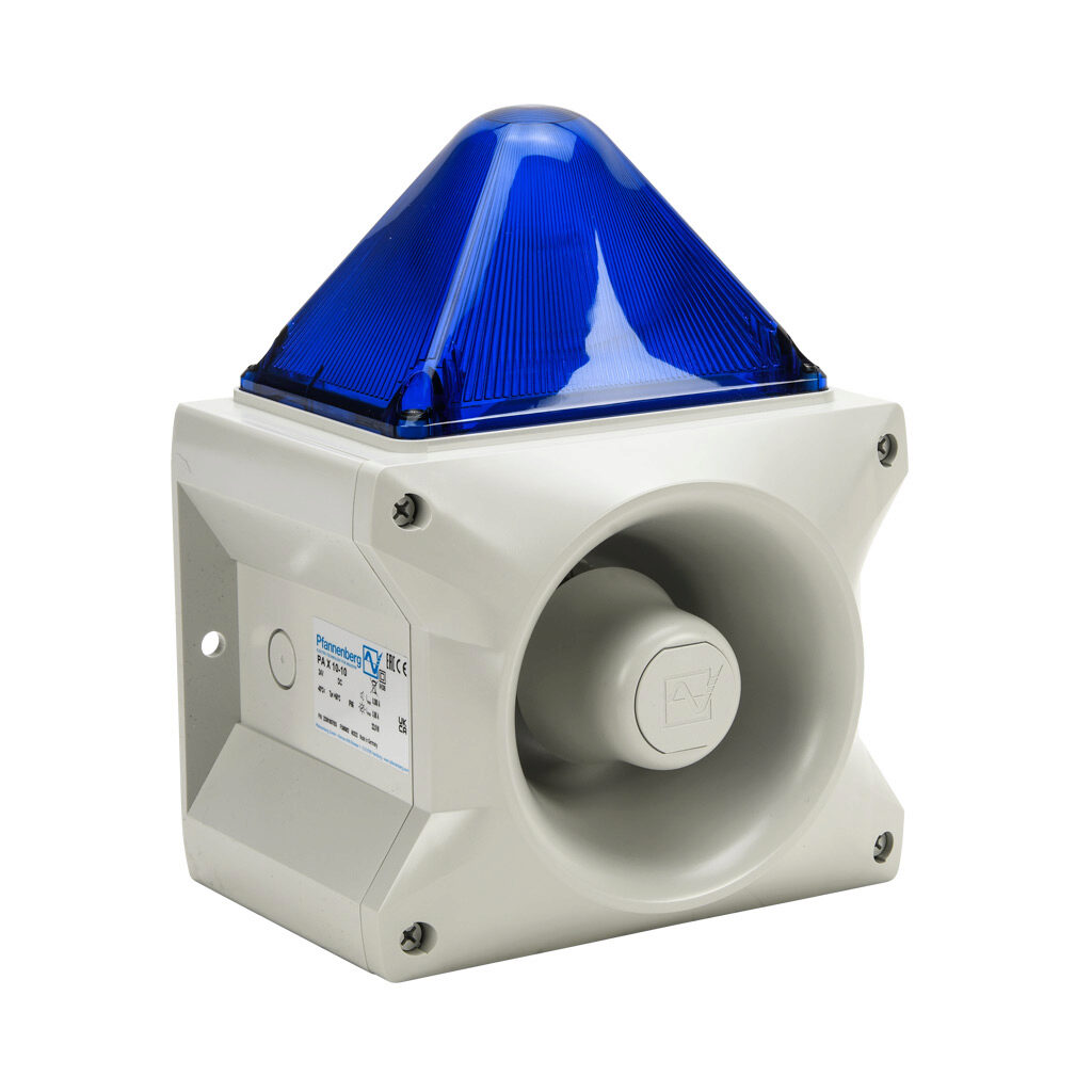 23361807055 - Pfannenberg PATROL series Xenon tube audible-visual signal beacon, 117 dB at 1m, (80) selectable tone(s), flashing strobe (1 Hz flash frequency), blue, 214 x 156 x 270mm, 24 VDC, IP66, NEMA 4/4X.