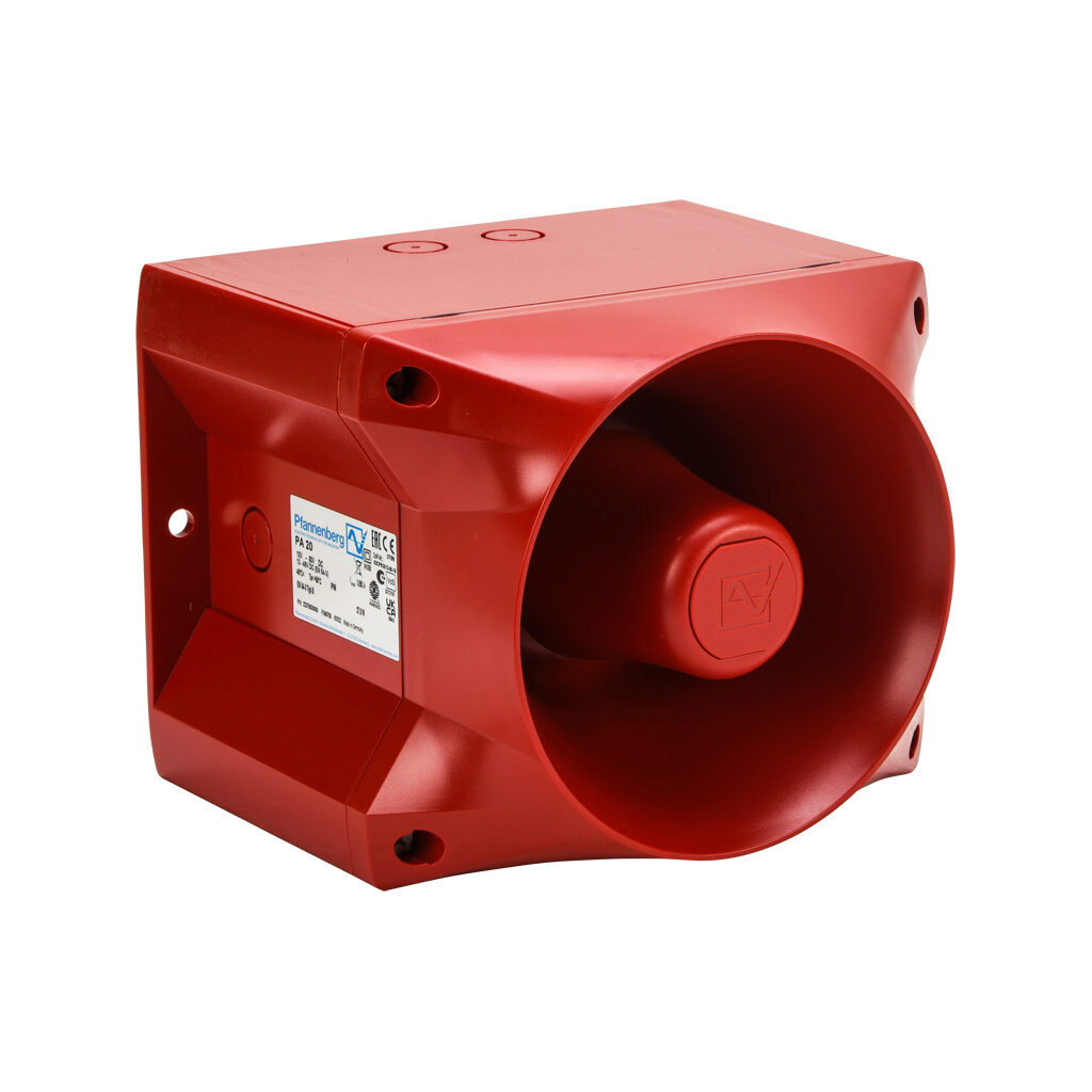 23370630000 - Pfannenberg PATROL series audible signal horn, 122 dB at 1m, 150 Hz to 2.9 kHz tone frequency, (80) selectable tone(s), 10-60 VDC, surface mount, ABS/polycarbonate housing, red, IP66, NEMA 4/4X.