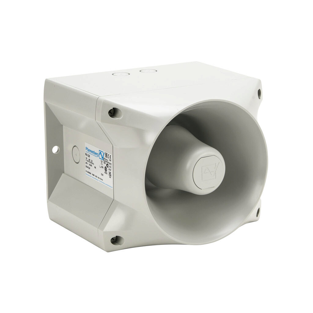 23370630055 - Pfannenberg PATROL series audible signal horn, 122 dB at 1m, 150 Hz to 2.9 kHz tone frequency, (80) selectable tone(s), 10-60 VDC, surface mount, ABS/polycarbonate housing, gray, IP66, NEMA 4/4X.