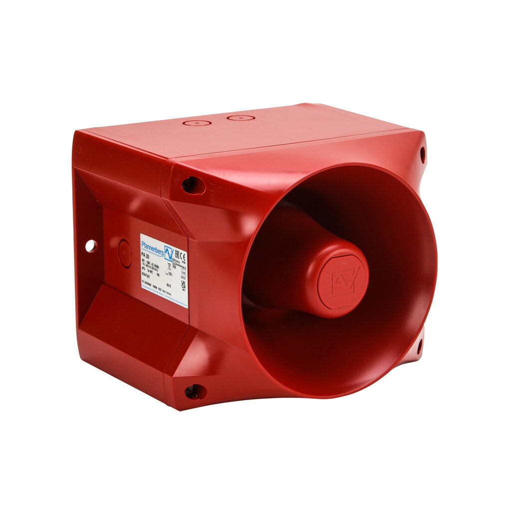 23370640000 - Pfannenberg PATROL series audible signal horn, 122 dB at 1m, 150 Hz to 2.9 kHz tone frequency, (80) selectable tone(s), 95-265 VAC, surface mount, ABS/polycarbonate housing, red, IP66, NEMA 4/4X.