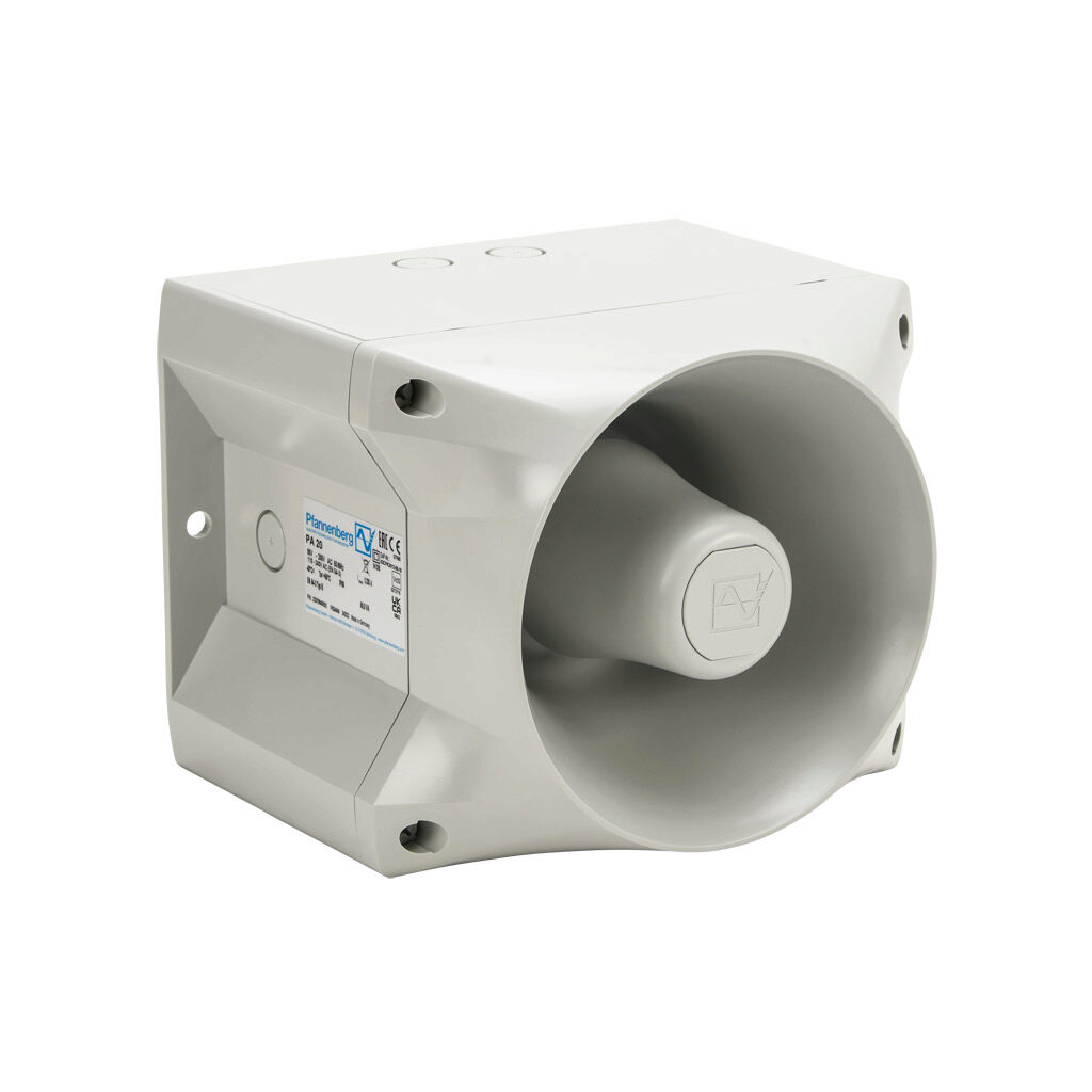23370640055 - Pfannenberg PATROL series audible signal horn, 122 dB at 1m, 150 Hz to 2.9 kHz tone frequency, (80) selectable tone(s), 95-265 VAC, surface mount, ABS/polycarbonate housing, gray, IP66, NEMA 4/4X.