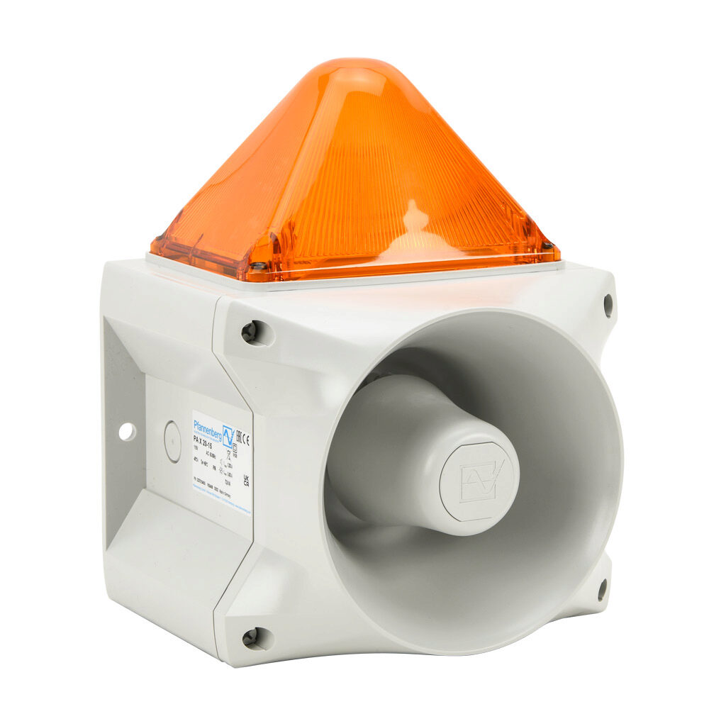 23372154055 - Pfannenberg PATROL series Xenon tube audible-visual signal beacon, 122 dB at 1m, (80) selectable tone(s), flashing strobe (1 Hz flash frequency), amber, 214 x 181 x 270mm, 115 VAC, IP66, NEMA 4/4X.