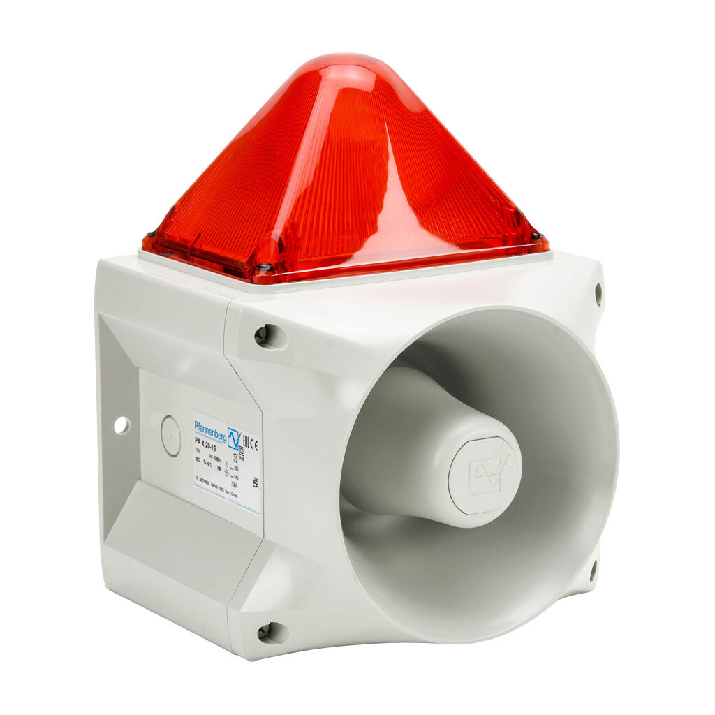 23372155055 - Pfannenberg PATROL series Xenon tube audible-visual signal beacon, 122 dB at 1m, (80) selectable tone(s), flashing strobe (1 Hz flash frequency), red, 214 x 181 x 270mm, 115 VAC, IP66, NEMA 4/4X.