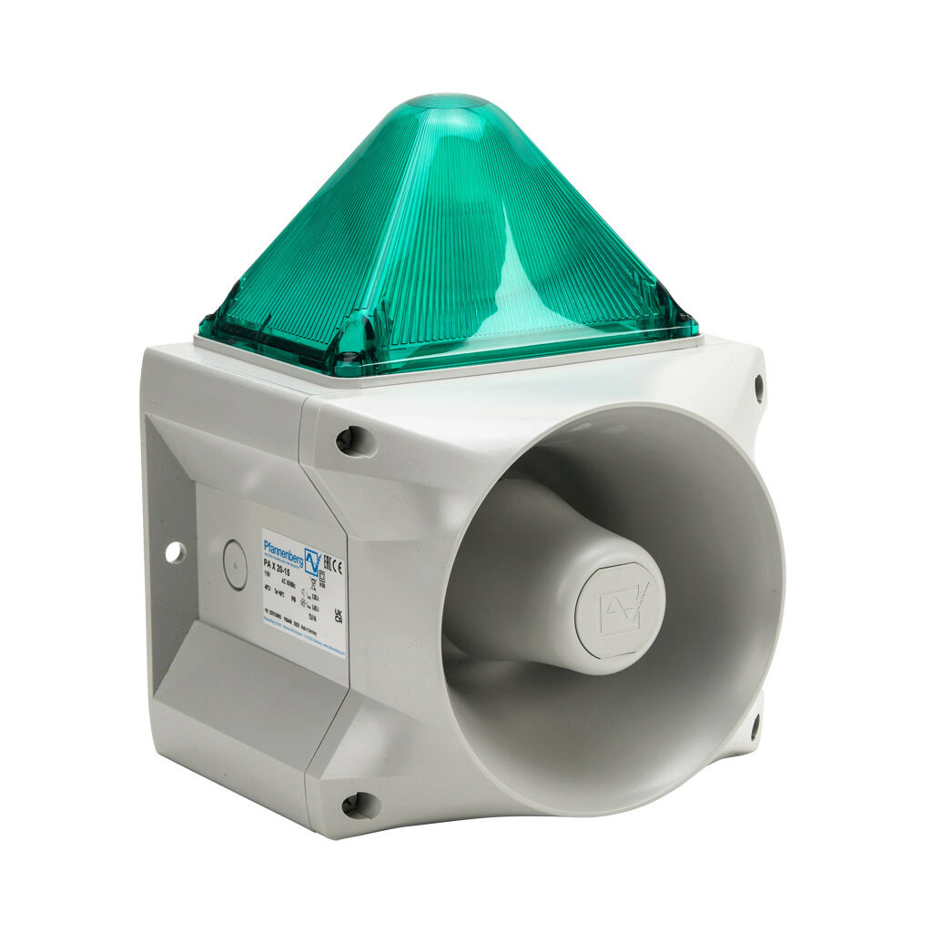 23372156055 - Pfannenberg PATROL series Xenon tube audible-visual signal beacon, 122 dB at 1m, (80) selectable tone(s), flashing strobe (1 Hz flash frequency), green, 214 x 181 x 270mm, 115 VAC, IP66, NEMA 4/4X.