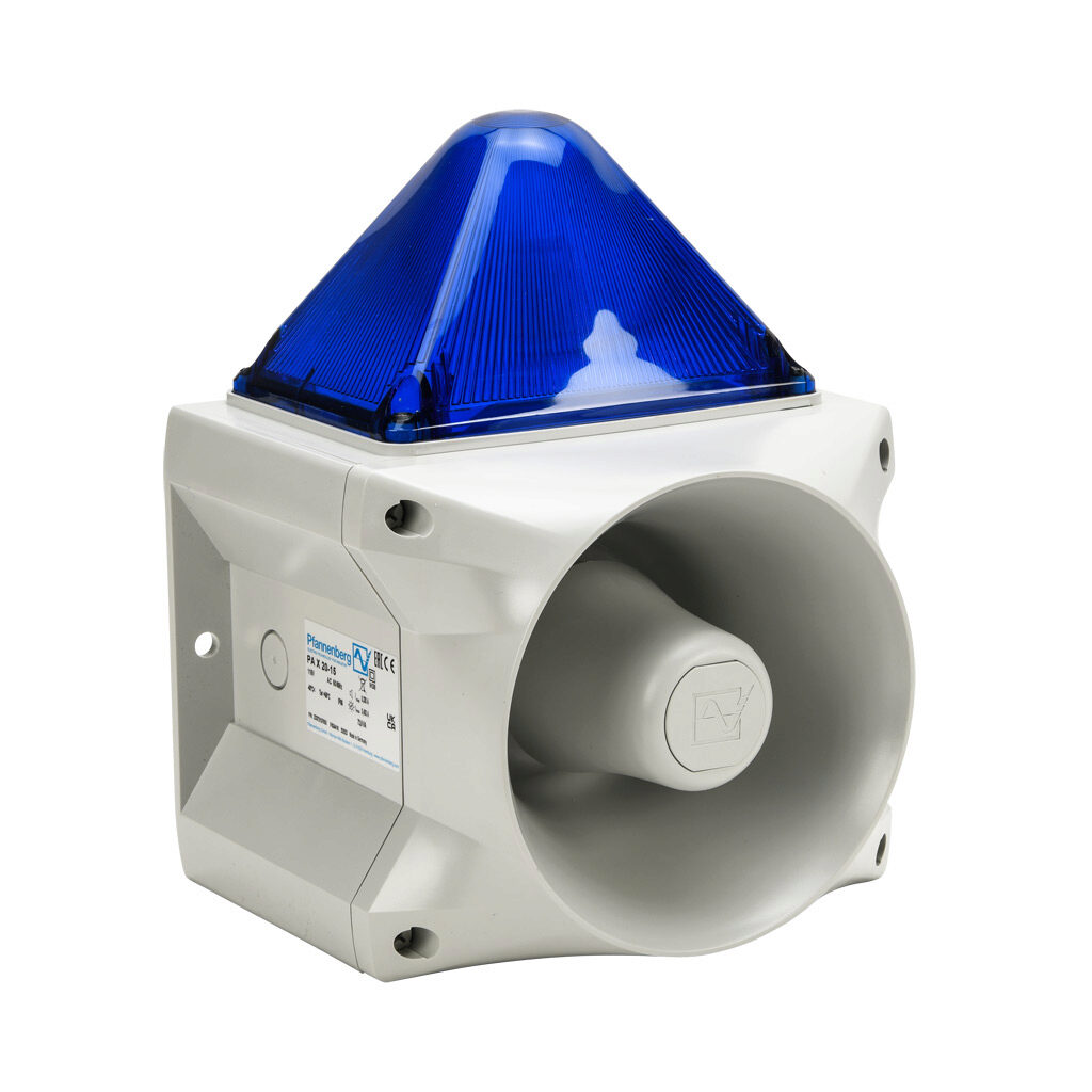 23372157055 - Pfannenberg PATROL series Xenon tube audible-visual signal beacon, 122 dB at 1m, (80) selectable tone(s), flashing strobe (1 Hz flash frequency), blue, 214 x 181 x 270mm, 115 VAC, IP66, NEMA 4/4X.