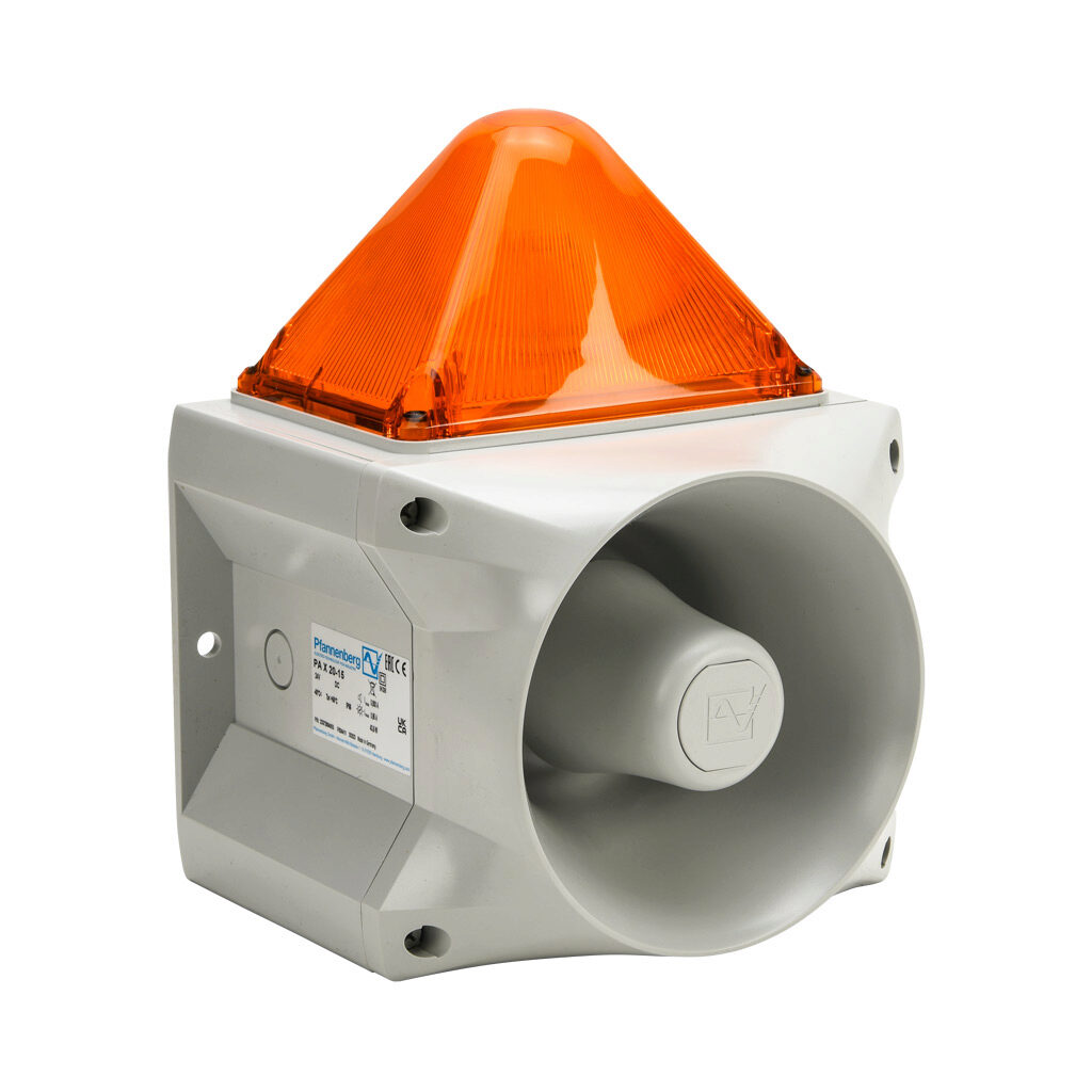 23372804055 - Pfannenberg PATROL series Xenon tube audible-visual signal beacon, 122 dB at 1m, (80) selectable tone(s), flashing strobe (1 Hz flash frequency), amber, 214 x 181 x 270mm, 24 VDC, IP66, NEMA 4/4X.