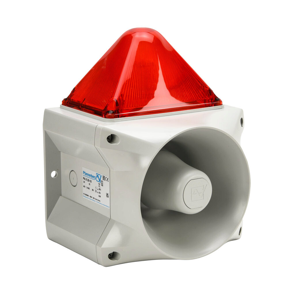 23372805055 - Pfannenberg PATROL series Xenon tube audible-visual signal beacon, 122 dB at 1m, (80) selectable tone(s), flashing strobe (1 Hz flash frequency), red, 214 x 181 x 270mm, 24 VDC, IP66, NEMA 4/4X.