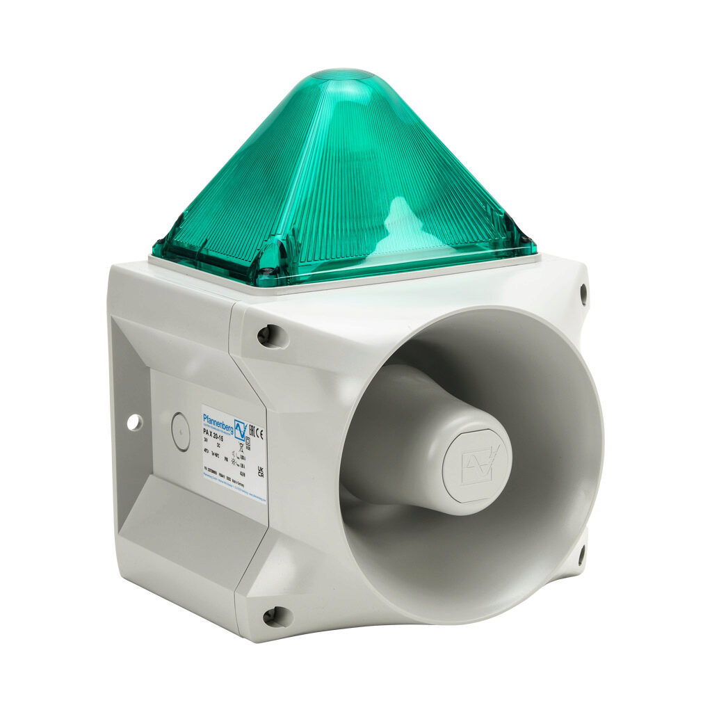 23372806055 - Pfannenberg PATROL series Xenon tube audible-visual signal beacon, 122 dB at 1m, (80) selectable tone(s), flashing strobe (1 Hz flash frequency), green, 214 x 181 x 270mm, 24 VDC, IP66, NEMA 4/4X.