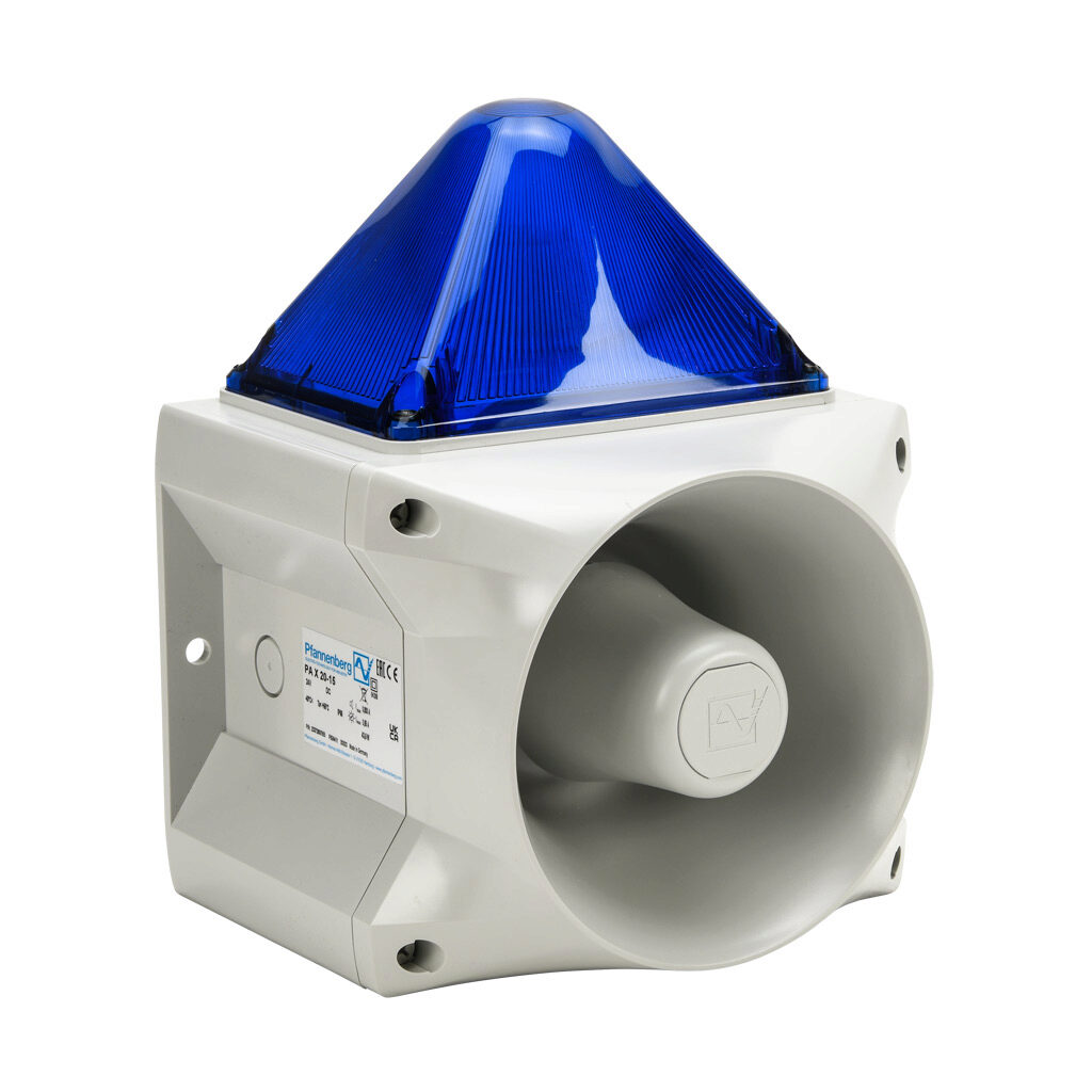 23372807055 - Pfannenberg PATROL series Xenon tube audible-visual signal beacon, 122 dB at 1m, (80) selectable tone(s), flashing strobe (1 Hz flash frequency), blue, 214 x 181 x 270mm, 24 VDC, IP66, NEMA 4/4X.