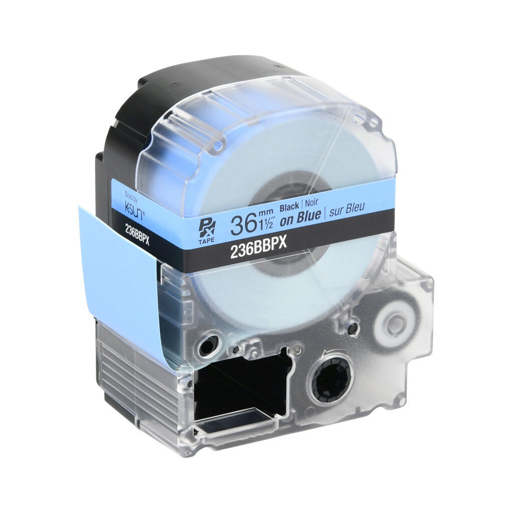 236BBPX - Epson LabelWorks PX series standard label cartridge, 36mm (1-1/2in) wide, 30ft roll, black text, blue background, polyester. For use with Epson LabelWorks PX series label printers.