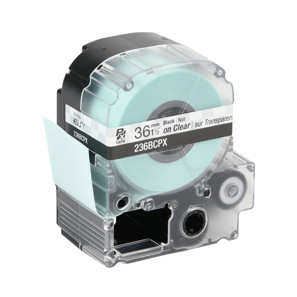 236BCPX - Epson LabelWorks PX series standard label cartridge, 36mm (1-1/2in) wide, 30ft roll, black text, clear background, polyester. For use with Epson LabelWorks PX series label printers.