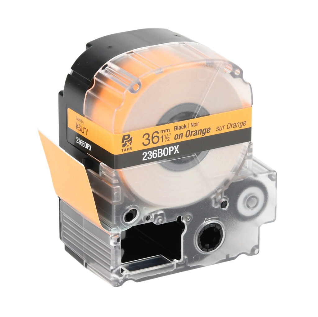 236BOPX - Epson LabelWorks PX series standard label cartridge, 36mm (1-1/2in) wide, 30ft roll, black text, orange background, polyester. For use with Epson LabelWorks PX series label printers.