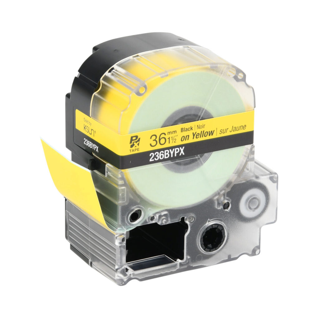 236BYPX - Epson LabelWorks PX series standard label cartridge, 36mm (1-1/2in) wide, 30ft roll, black text, yellow background, polyester. For use with Epson LabelWorks PX series label printers.