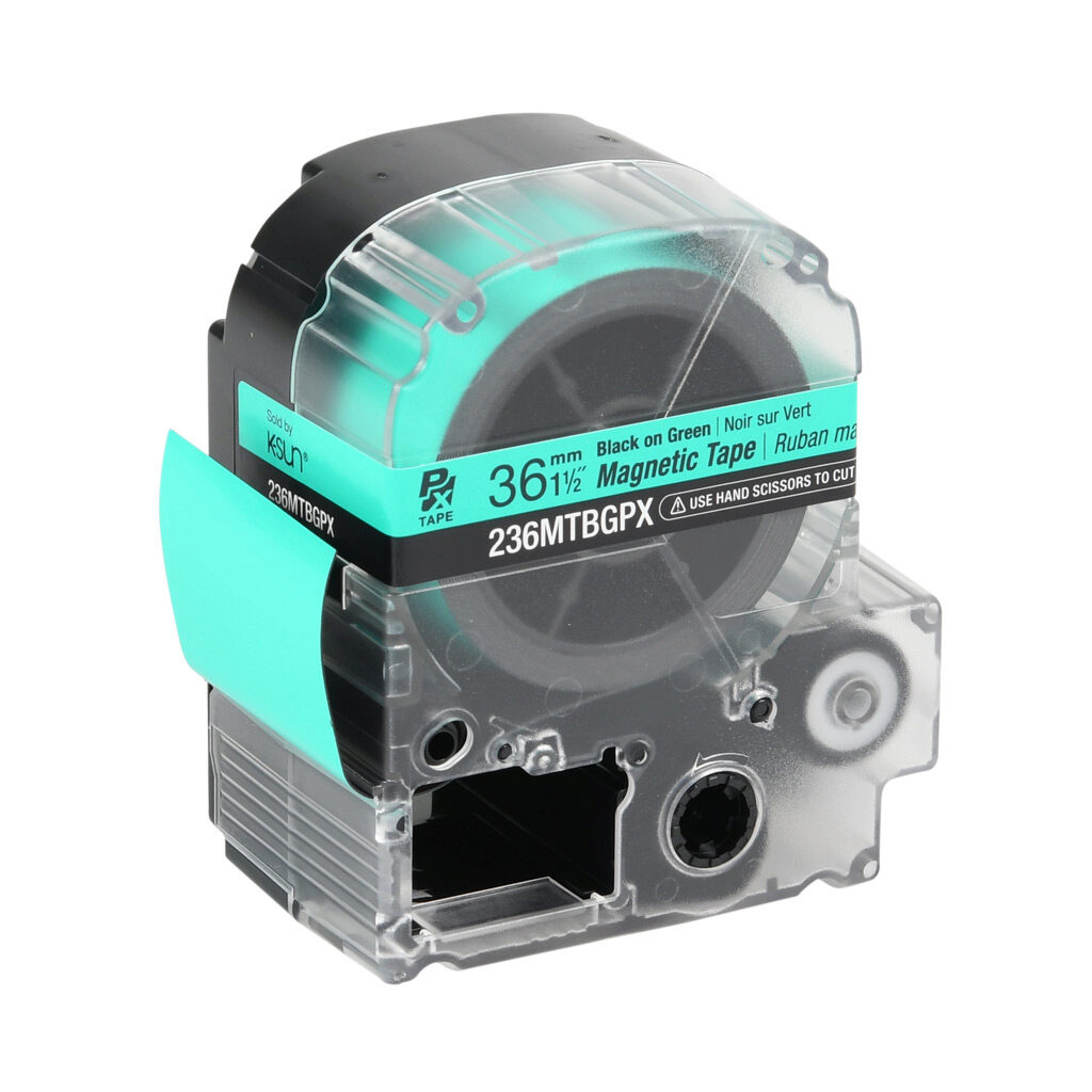 236MTBGPX-4.9 - Epson LabelWorks PX series magnetic label cartridge, 36mm (1-1/2in) wide, 4.9ft roll, black text, green background, polyester-laminated magnet. For use with Epson LabelWorks PX series label printers.