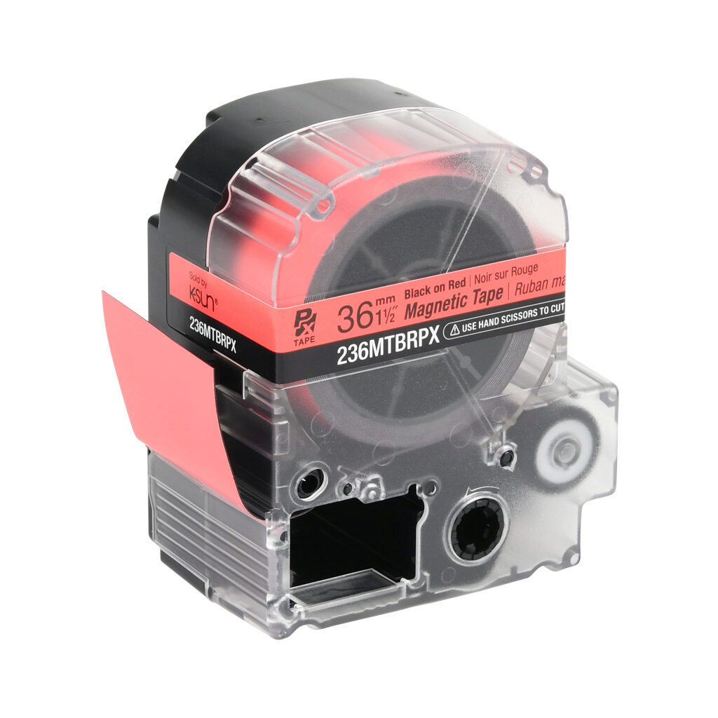 236MTBRPX-4.9 - Epson LabelWorks PX series magnetic label cartridge, 36mm (1-1/2in) wide, 4.9ft roll, black text, red background, polyester-laminated magnet. For use with Epson LabelWorks PX series label printers.