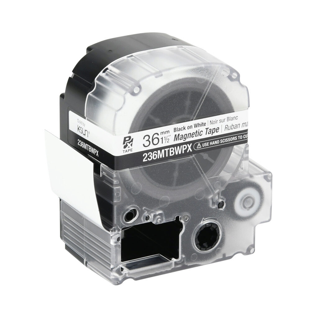 236MTBWPX-4.9 - Epson LabelWorks PX series magnetic label cartridge, 36mm (1-1/2in) wide, 4.9ft roll, black text, white background, polyester-laminated magnet. For use with Epson LabelWorks PX series label printers.