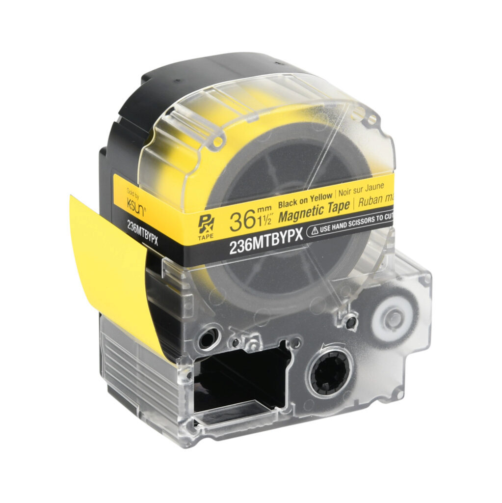 236MTBYPX-4.9 - Epson LabelWorks PX series magnetic label cartridge, 36mm (1-1/2in) wide, 4.9ft roll, black text, yellow background, polyester-laminated magnet. For use with Epson LabelWorks PX series label printers.