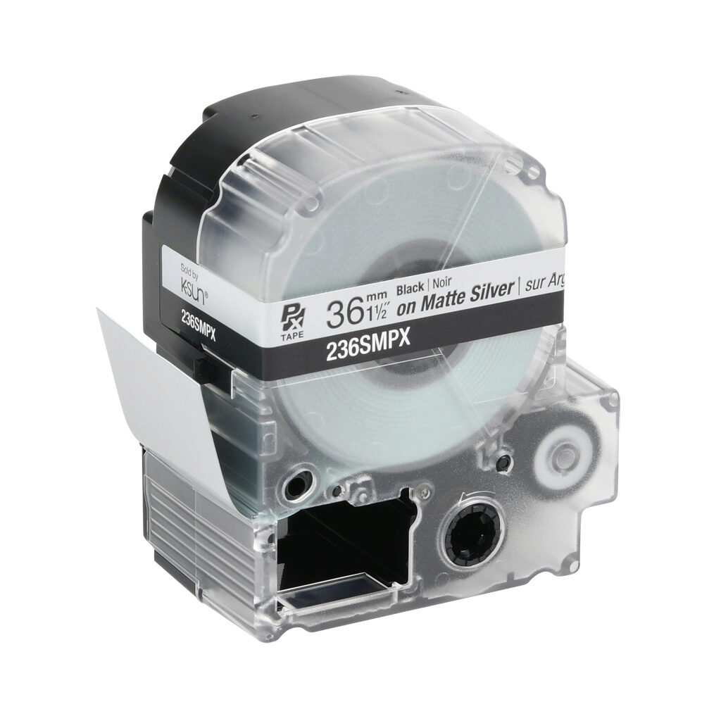 236SMPX - Epson LabelWorks PX series matte label cartridge, 36mm (1-1/2in) wide, 30ft roll, black text, silver background, polyester. For use with Epson LabelWorks PX series label printers.