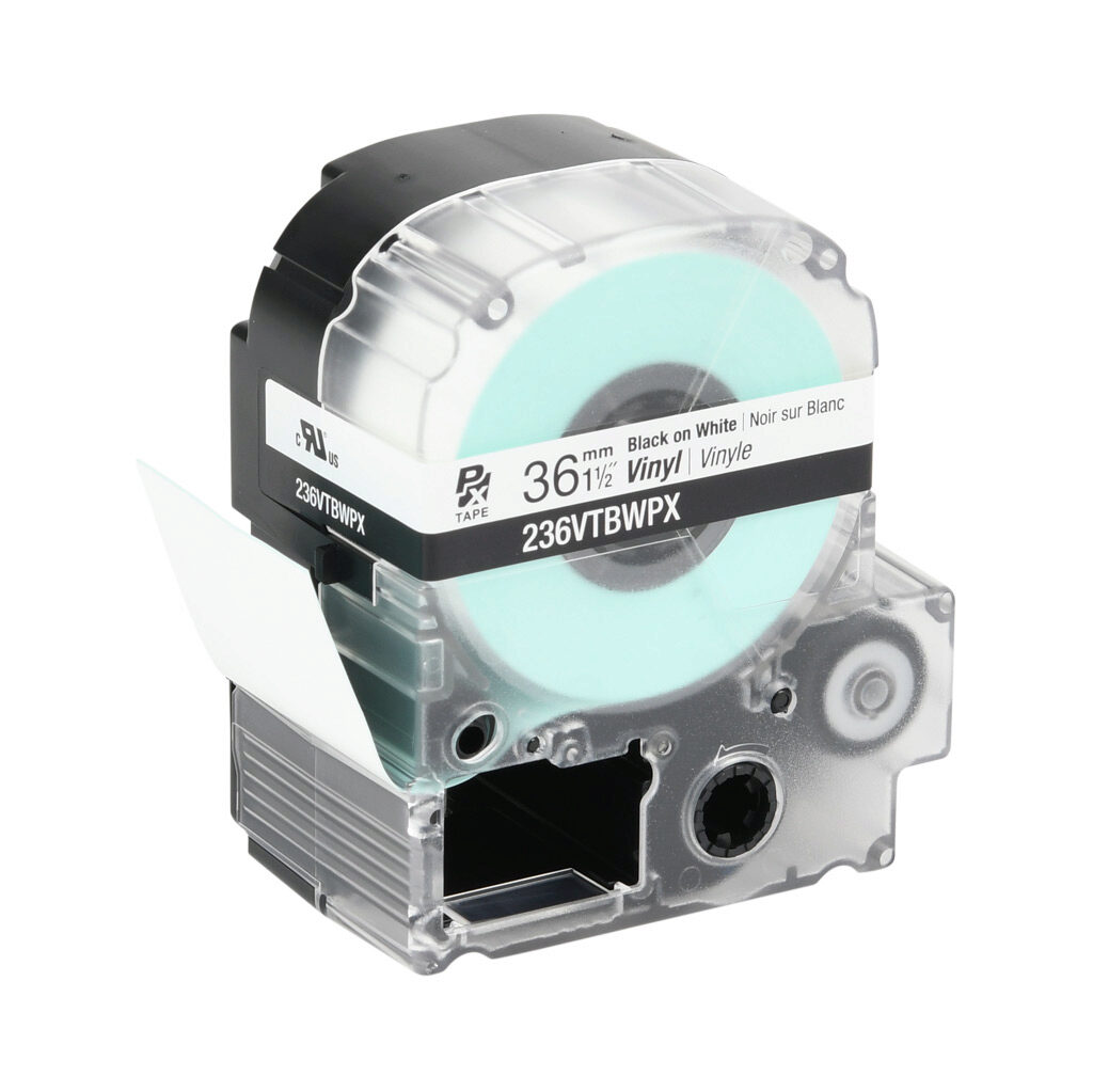 236VTBWPX - Epson LabelWorks PX series standard label cartridge, 36mm (1-1/2in) wide, 22.9ft roll, black text, white background, vinyl. For use with Epson LabelWorks PX series label printers.
