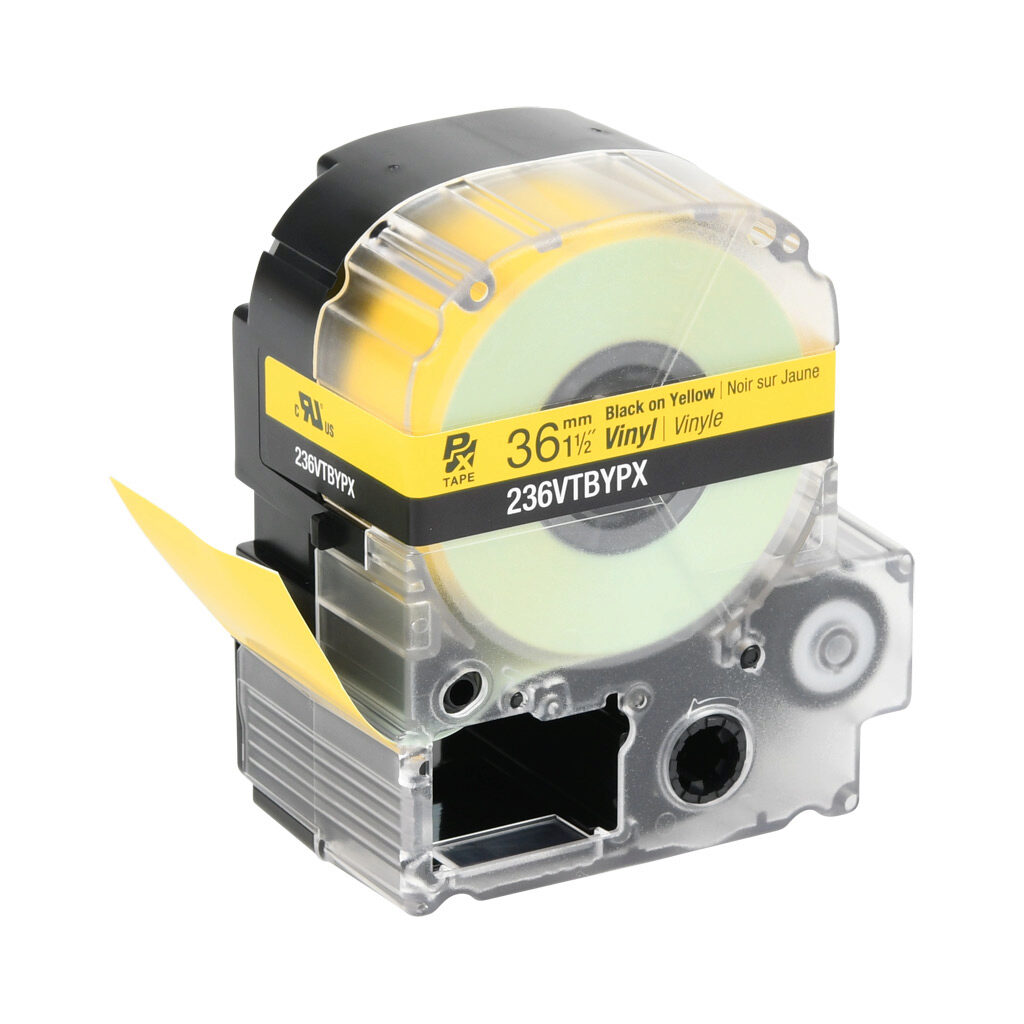 236VTBYPX - Epson LabelWorks PX series standard label cartridge, 36mm (1-1/2in) wide, 22.9ft roll, black text, yellow background, vinyl. For use with Epson LabelWorks PX series label printers.