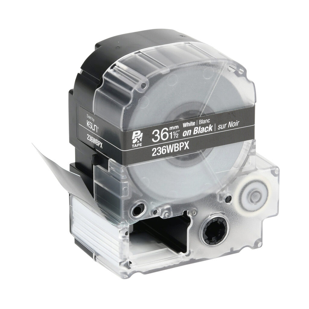 236WBPX - Epson LabelWorks PX series standard label cartridge, 36mm (1-1/2in) wide, 30ft roll, white text, black background, polyester. For use with Epson LabelWorks PX series label printers.